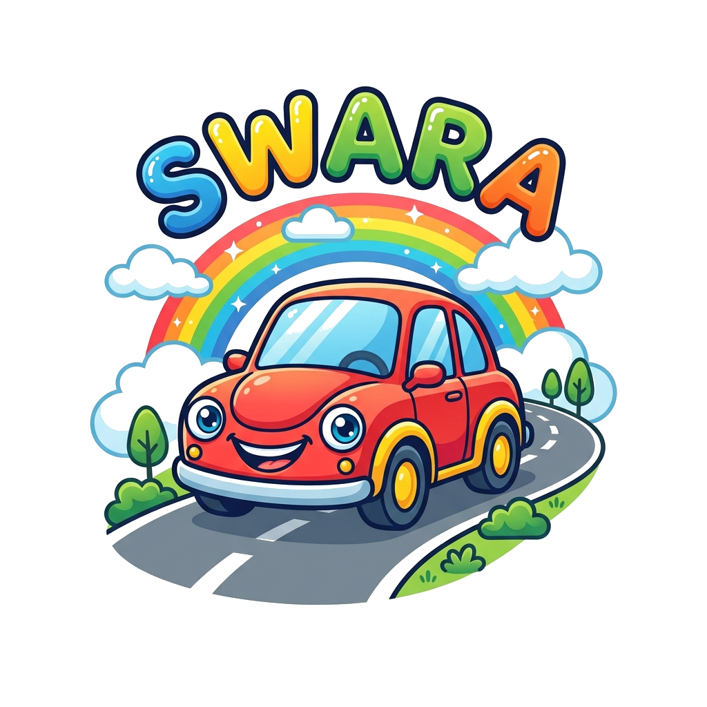 Custom design: A cute cartoon car smiling, with big friendly eyes, driving on a road with 'Swara' written playfully above it, surrou...