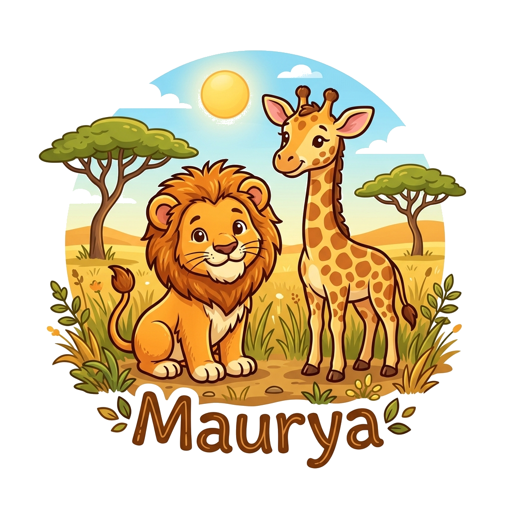 Custom design: A charming illustration of a friendly lion cub and a gentle baby giraffe standing together in a warm, sun-drenched sa...