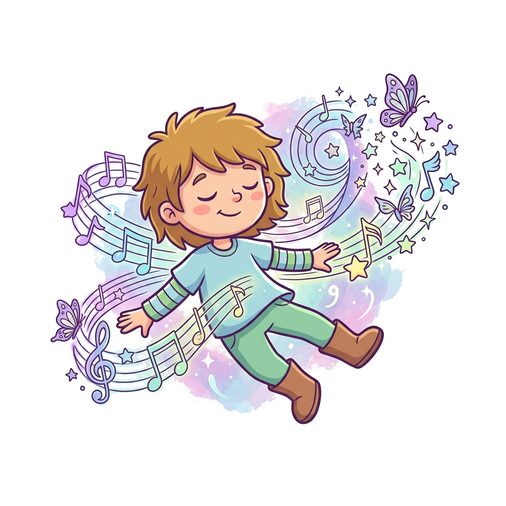 Custom design: A whimsical illustration of a friendly, gender-neutral character with closed eyes, floating among glowing musical not...