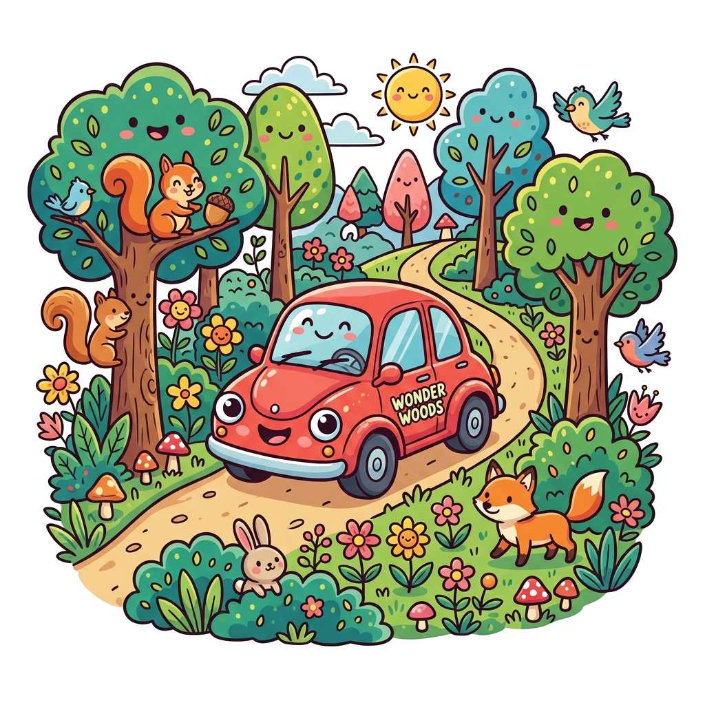 Custom design: A cute cartoon car with big, friendly eyes driving through a whimsical forest, surrounded by smiling trees, flowers, ...