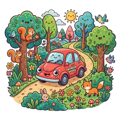 A cute cartoon car with big, friendly eyes driving through a whimsical forest, surrounded by smiling trees, flowers, and tiny animals like squirrels and birds, in a playful kawaii art style, vibrant colors