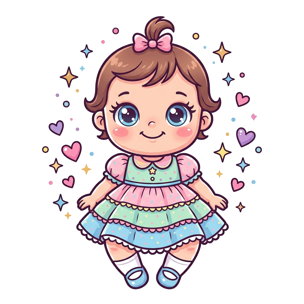 Custom design: A super cute, friendly cartoon baby doll with big, sparkling eyes and a sweet smile, wearing a little colorful dress,...
