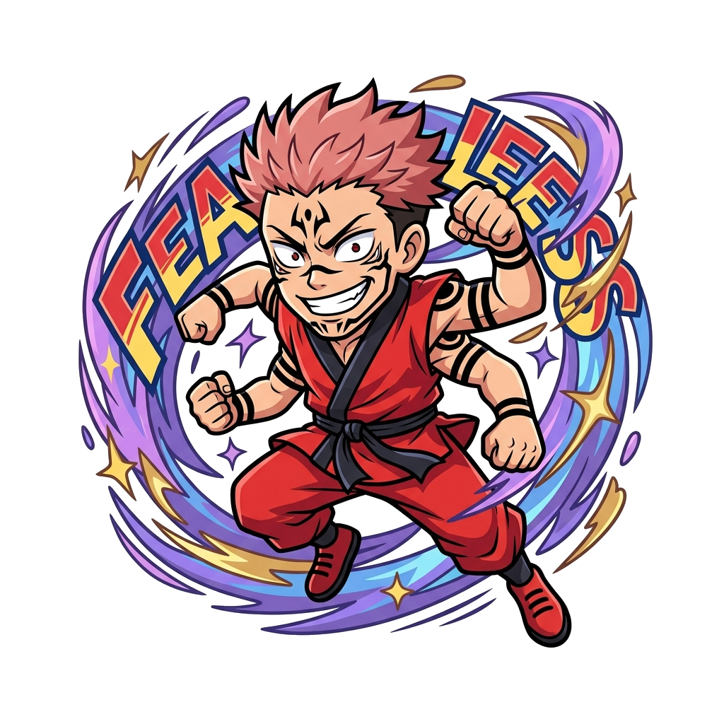 Custom design: A dynamic, child-friendly illustration of Sukuna in a powerful pose, with a bold, action-oriented art style, surround...