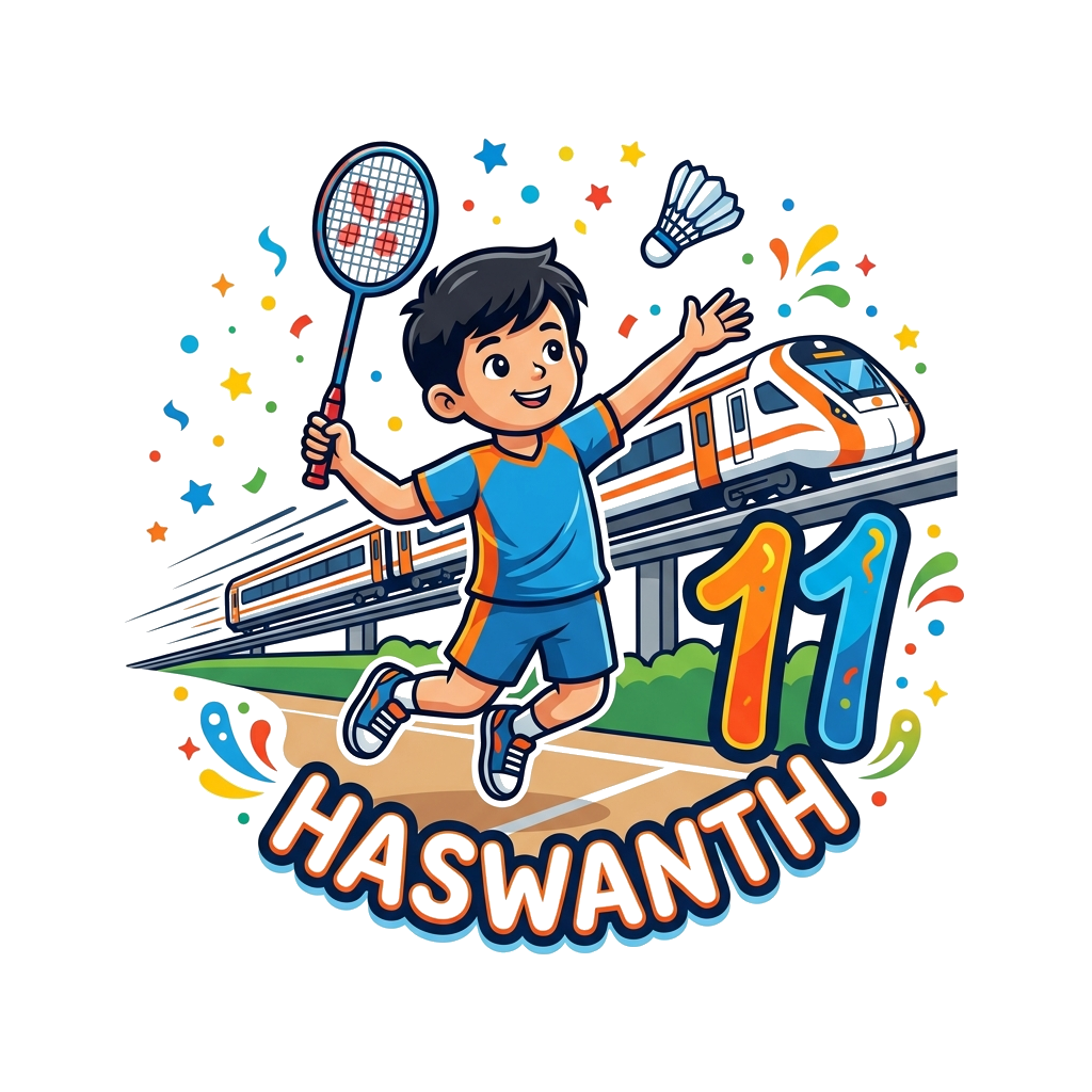 Custom design: A dynamic cartoon illustration of a happy boy, Haswanth, mid-action playing badminton with a racket and shuttlecock. ...