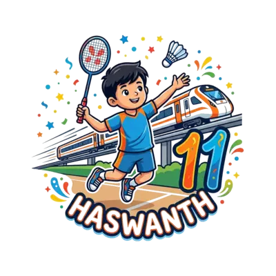 A dynamic cartoon illustration of a happy boy, Haswanth, mid-action playing badminton with a racket and shuttlecock. In the background, a sleek, modern Vande Bharat train is speeding by on its tracks. The number '11' is creatively integrated into the scene, surrounded by a celebratory atmosphere with confetti and bright colors.