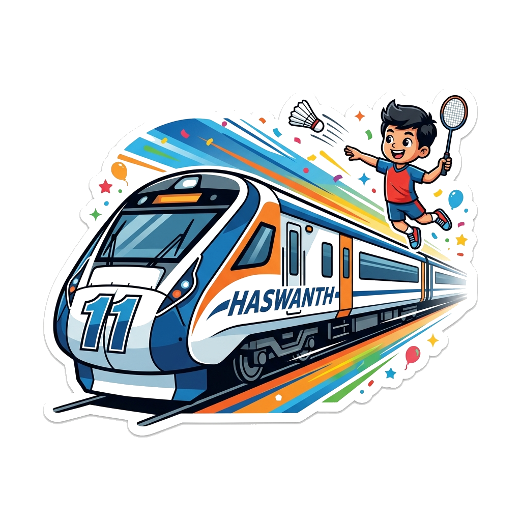 Custom design: A dynamic illustration of a sleek Vande Bharat train racing forward. A cartoon boy, full of energy, is shown mid-jump...
