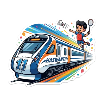 A dynamic illustration of a sleek Vande Bharat train racing forward. A cartoon boy, full of energy, is shown mid-jump, hitting a badminton shuttlecock with a racket, with the number '11' integrated into the train's design. 'Haswanth' is written in a cool, sporty font as part of the train's livery. The background is a blur of speed and vibrant colors, celebrating a birthday.
