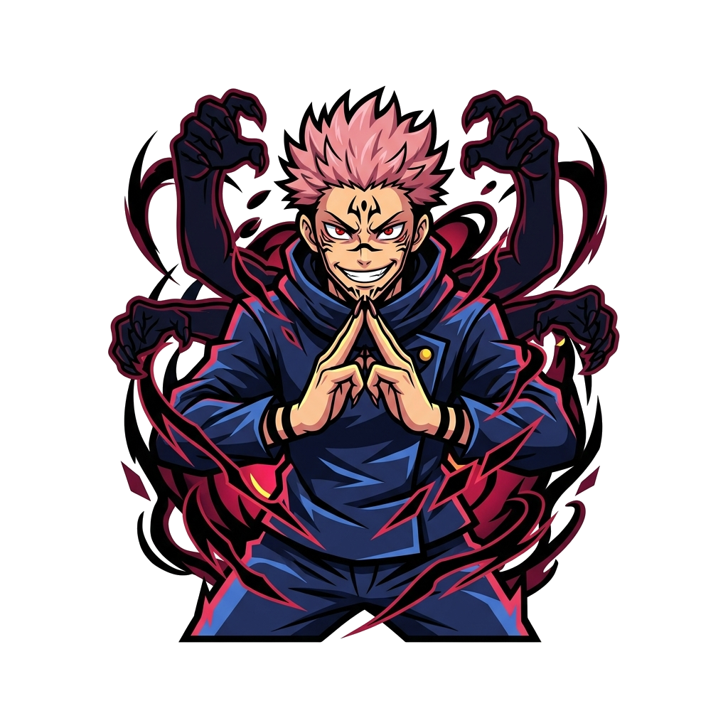 Custom design: Real sukuna character from jujutsu kaisen,  fierce form, in black back