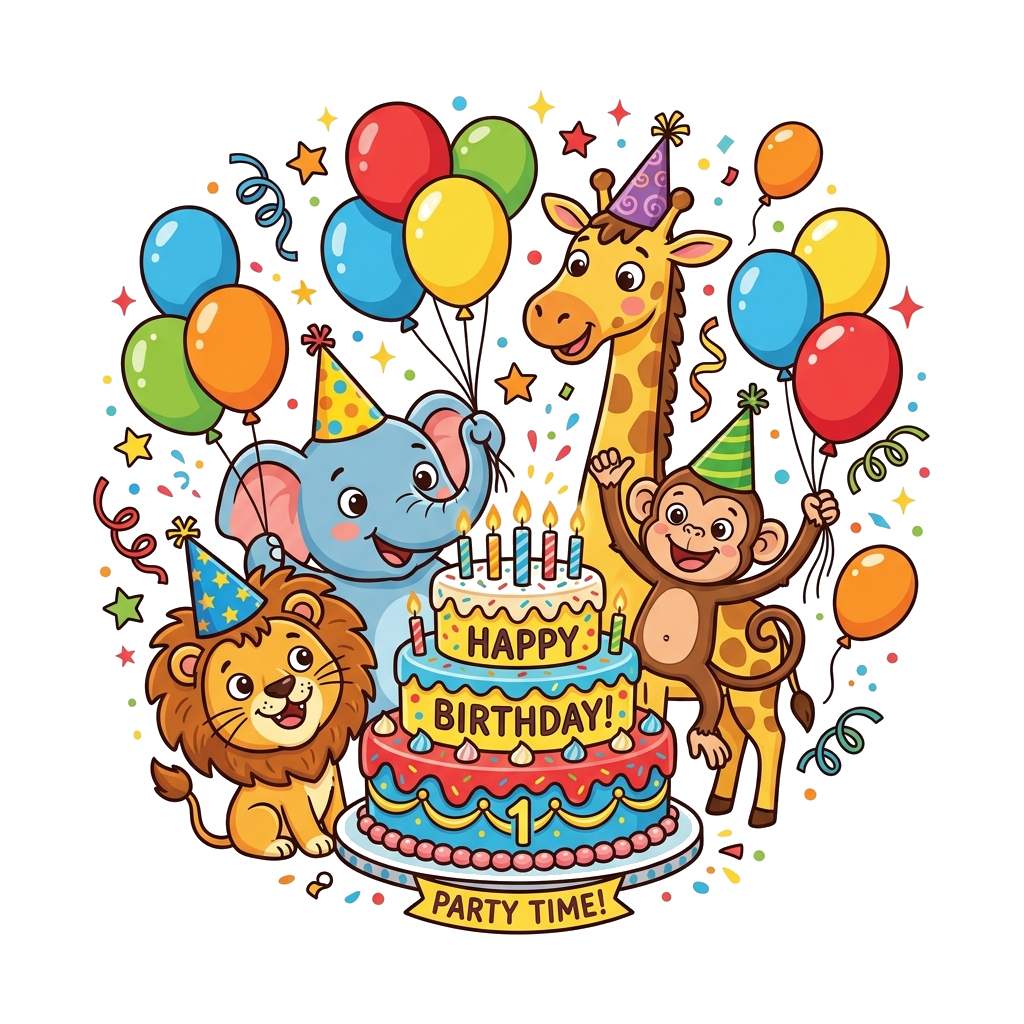 Custom design: A whimsical illustration of a group of adorable cartoon animals (like a lion, monkey, and elephant) wearing party hat...