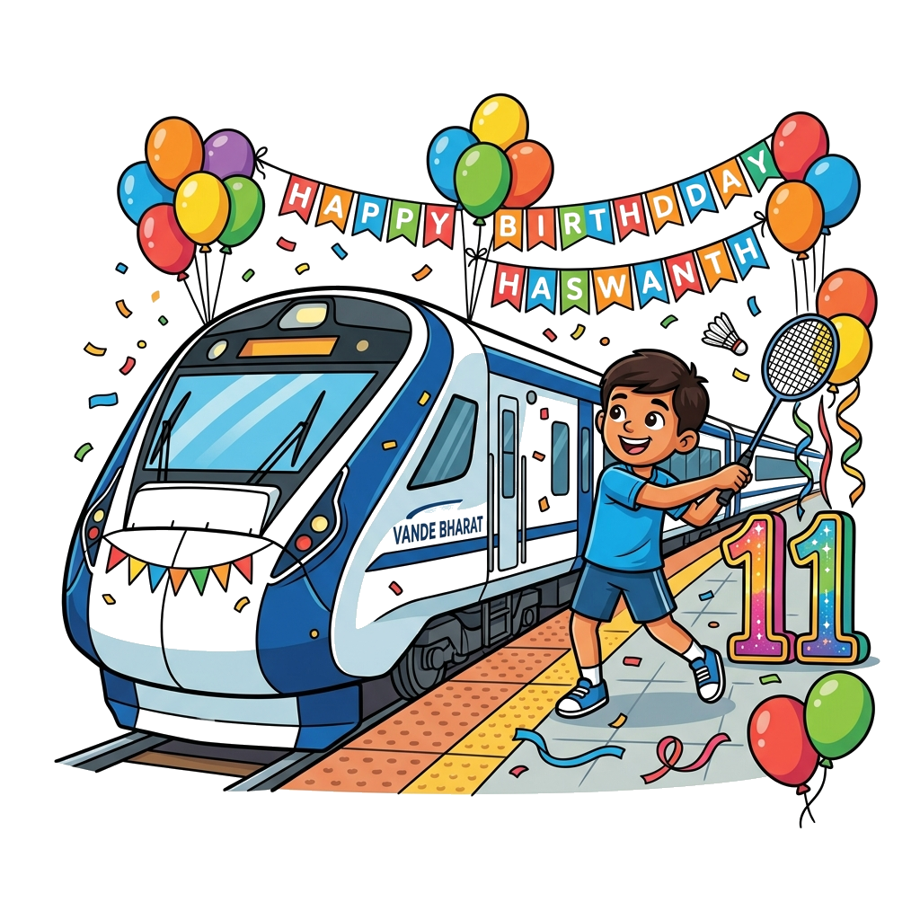 Custom design: A vibrant cartoon illustration featuring a sleek Vande Bharat train adorned with birthday decorations like balloons a...