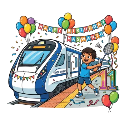 A vibrant cartoon illustration featuring a sleek Vande Bharat train adorned with birthday decorations like balloons and streamers. A sporty boy, representing Haswanth, is enthusiastically playing badminton on a platform next to the train, with the number '11' prominently displayed as part of the celebration. The scene is energetic and colorful.