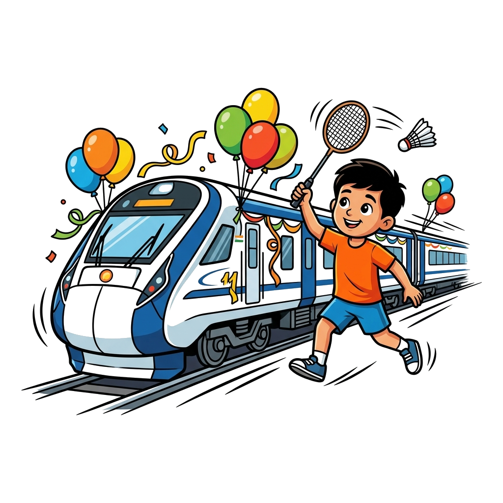 Custom design: A vibrant cartoon illustration featuring a sleek Vande Bharat train adorned with birthday balloons and streamers. Has...