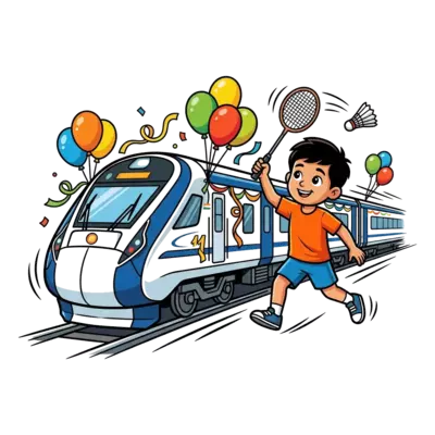 A vibrant cartoon illustration featuring a sleek Vande Bharat train adorned with birthday balloons and streamers. Haswanth, an energetic boy, is depicted mid-action, hitting a badminton shuttlecock with a racket, with the number '11' subtly integrated into the train's design. The scene is full of movement and bright, celebratory colors.