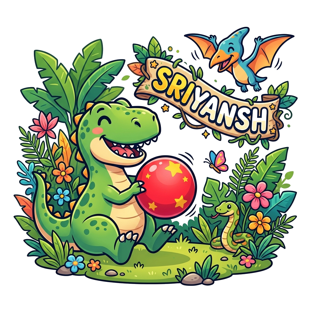Custom design: A cheerful, cute cartoon T-Rex playing with a bright red ball, surrounded by lush green jungle leaves and tropical fl...