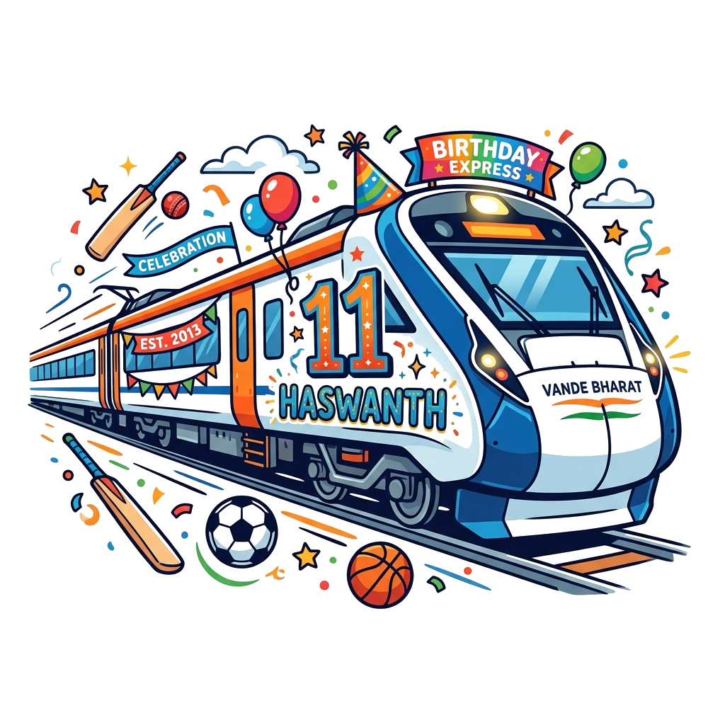 Custom design: A dynamic illustration of a sleek Vande Bharat train, styled as a birthday express, with the number '11' on its side ...
