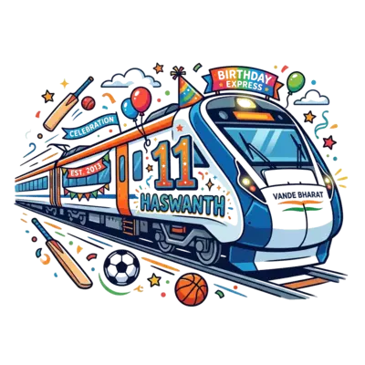 A dynamic illustration of a sleek Vande Bharat train, styled as a birthday express, with the number '11' on its side and 'Haswanth' written in a cool font. The train is surrounded by subtle sports elements like a cricket bat, football, and basketball, all in a vibrant, modern cartoon style.