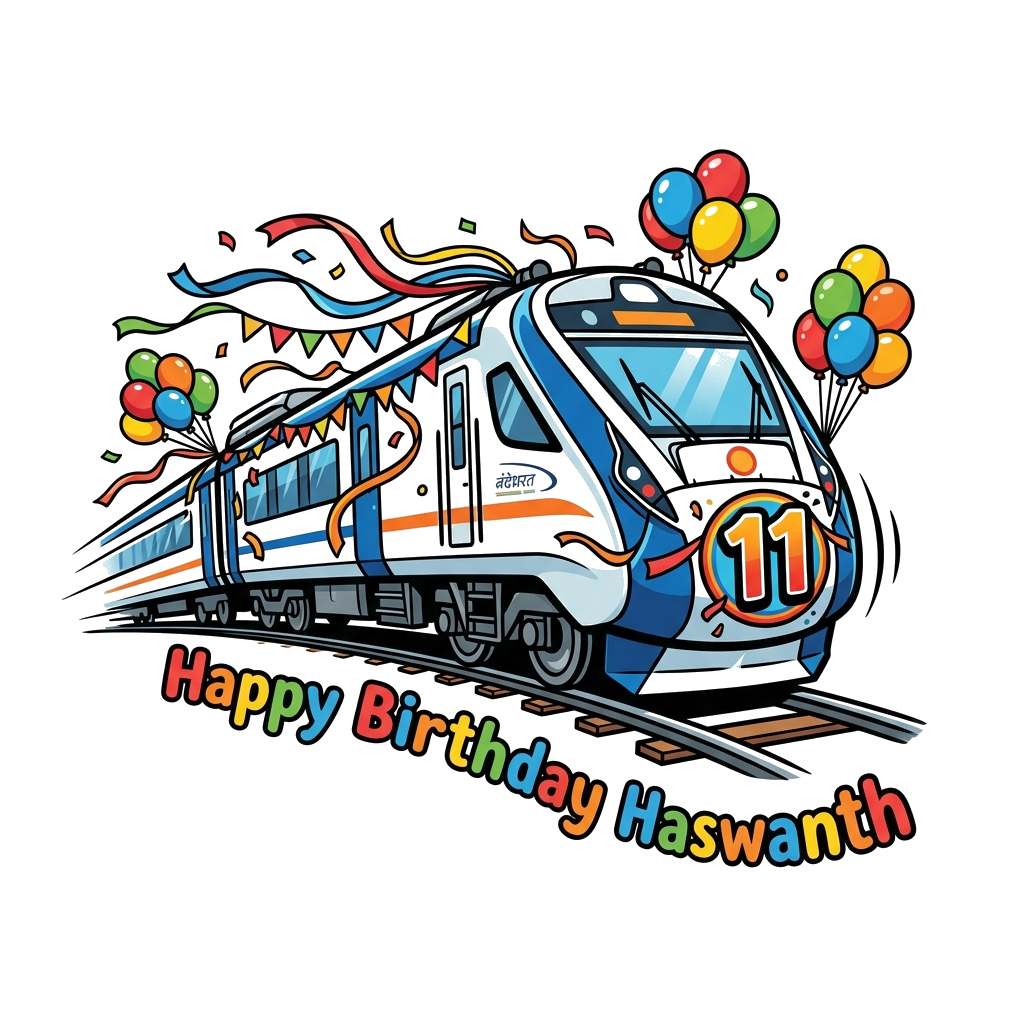 Custom design: A vibrant, sleek Vande Bharat train depicted as a birthday express, speeding along tracks with colorful streamers and...