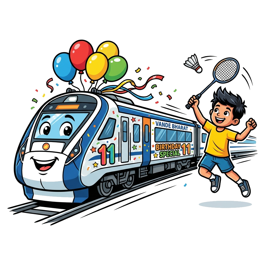 Custom design: A vibrant cartoon illustration featuring a sleek Vande Bharat train adorned with birthday balloons and streamers. Has...