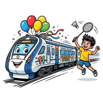 A vibrant cartoon illustration featuring a sleek Vande Bharat train adorned with birthday balloons and streamers. Haswanth, an energetic boy, is depicted mid-action, hitting a badminton shuttlecock with a racket, with the number '11' subtly integrated into the train's design. The scene is full of movement and bright, celebratory colors.