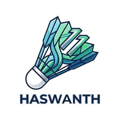 A clean, minimalist design featuring a stylized badminton shuttlecock with the number '11' elegantly integrated into its feathers, in a modern geometric style. The name 'Haswanth' is subtly placed below, using a sleek sans-serif font. Colors are a fresh palette of cool blues, greens, and white, with a touch of silver.
