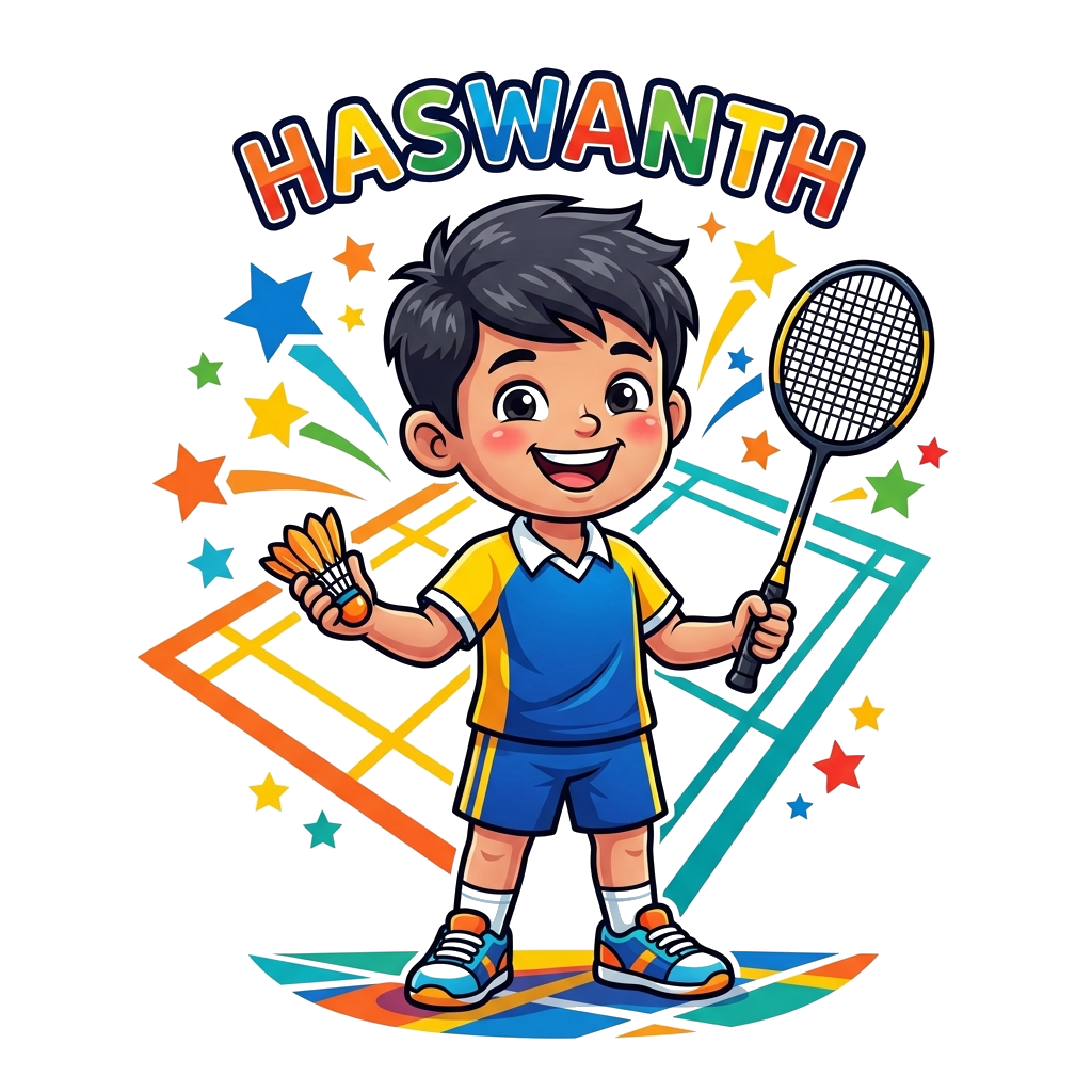 Custom design: A cute cartoon boy, Haswanth, with a big smile, holding a badminton racket and shuttlecock, wearing a sporty outfit, ...