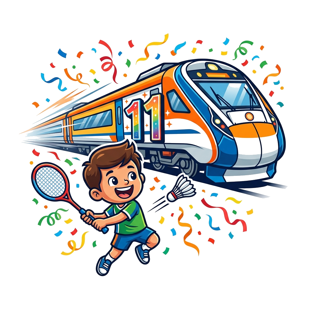 Custom design: A vibrant cartoon illustration of a super-fast Vande Bharat train zooming past, with a happy, energetic boy (represen...