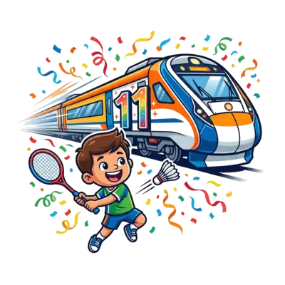 A vibrant cartoon illustration of a super-fast Vande Bharat train zooming past, with a happy, energetic boy (representing Haswanth) in the foreground, expertly hitting a badminton shuttlecock. The number '11' is creatively integrated into the train's design, and the scene is filled with colorful streamers and confetti for a birthday celebration.