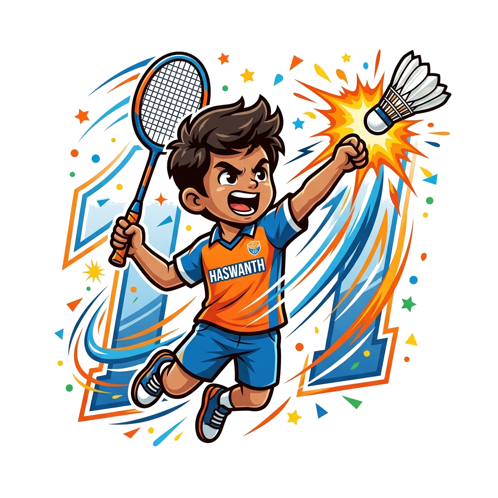 Custom design: A dynamic cartoon illustration of a boy, 'Haswanth', powerfully smashing a shuttlecock with a badminton racket, surro...