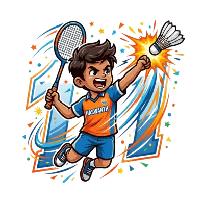 A dynamic cartoon illustration of a boy, 'Haswanth', powerfully smashing a shuttlecock with a badminton racket, surrounded by vibrant motion lines and confetti, with the number '11' subtly integrated into the background, in a cool, energetic style.