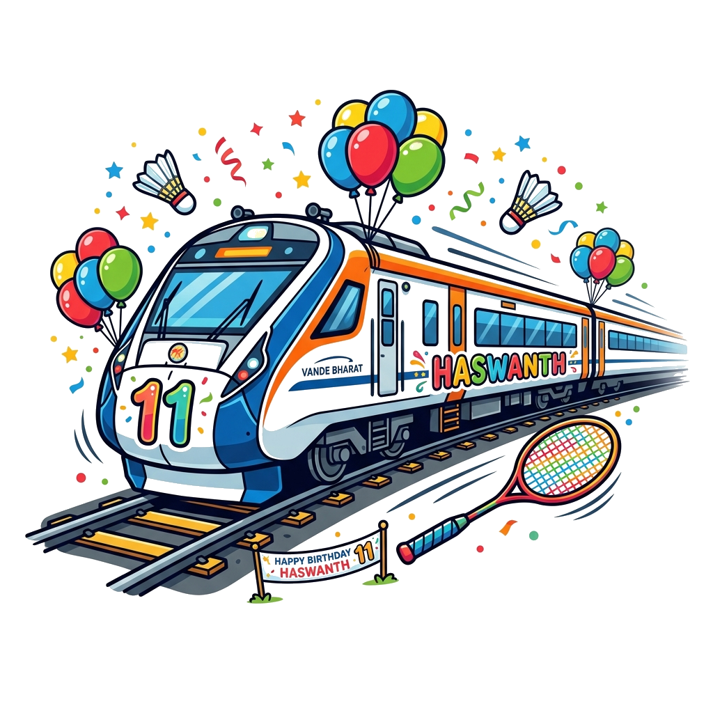 Custom design: A sleek, modern Vande Bharat train zooming across a track, adorned with festive birthday balloons and confetti. A bad...