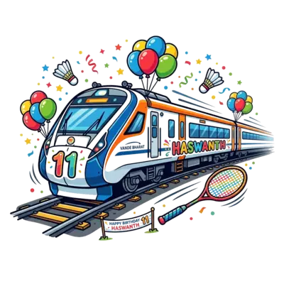A sleek, modern Vande Bharat train zooming across a track, adorned with festive birthday balloons and confetti. A badminton racket and shuttlecock are playfully integrated around the train. The number "11" is prominently displayed on the side of the train, and the name "Haswanth" is subtly incorporated into the train's design or trackside banner. Bright, celebratory cartoon style.