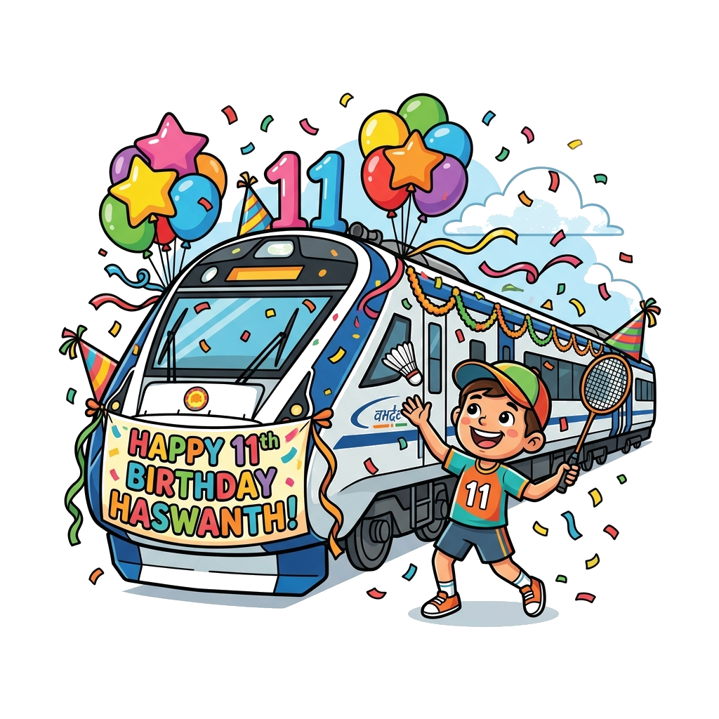 Custom design: A grand birthday parade illustration featuring a vibrant Vande Bharat train, decorated with balloons, streamers, and ...