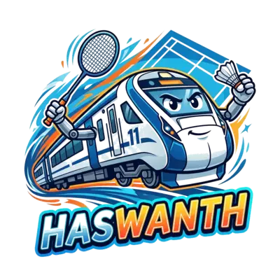 A dynamic cartoon illustration of a sleek Vande Bharat train, personified with a cool expression, holding a badminton racket and about to serve a shuttlecock. The number '11' is cleverly integrated into the train's design. Background features abstract speed lines and a stylized badminton court. Text: 'Haswanth'. Bold, vibrant colors, action-packed style.