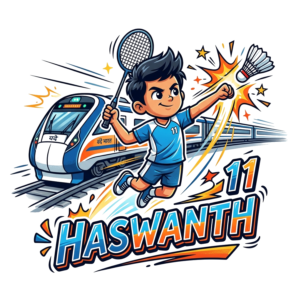 Custom design: A dynamic cartoon illustration of a young boy, representing Haswanth, mid-smash in badminton, with a sleek, modern Va...