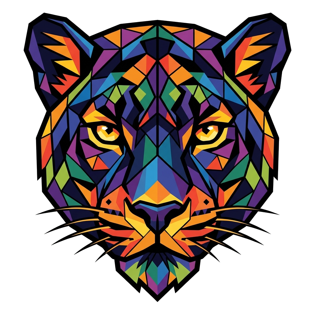 Custom design: A majestic black panther's face, composed of interlocking, colorful geometric shapes (triangles, squares, polygons) i...