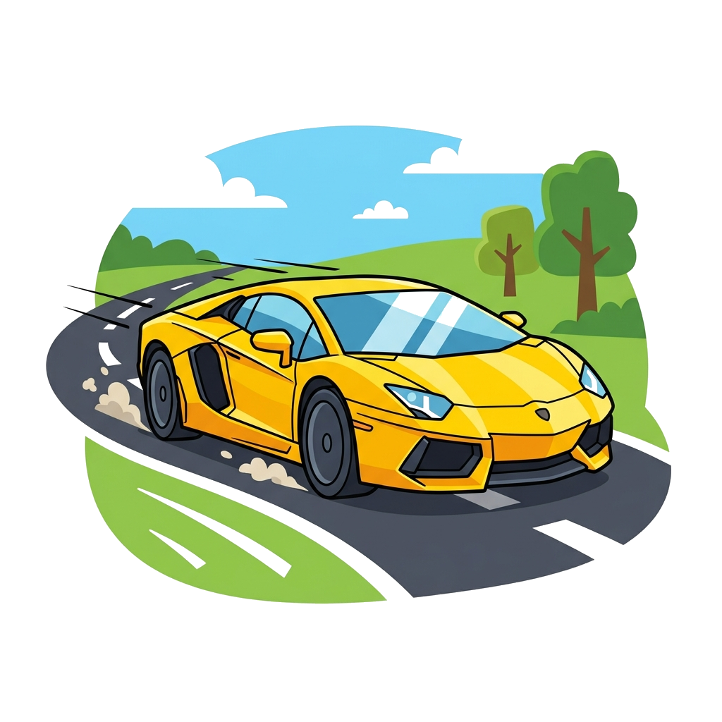 Custom design: A hyper-realistic illustration of a sleek, vibrant yellow Lamborghini sports car, captured in dynamic motion on a win...