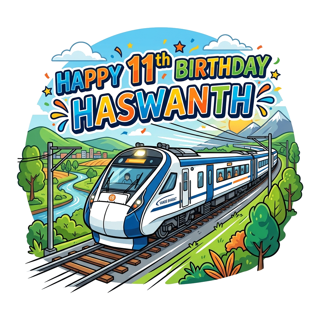 Custom design: A sleek, modern Vande Bharat train speeding through a vibrant landscape, with 'Happy 11th Birthday Haswanth' integrat...