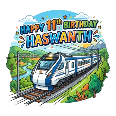 A sleek, modern Vande Bharat train speeding through a vibrant landscape, with 'Happy 11th Birthday Haswanth' integrated stylishly into the design, dynamic and colorful, digital art style.