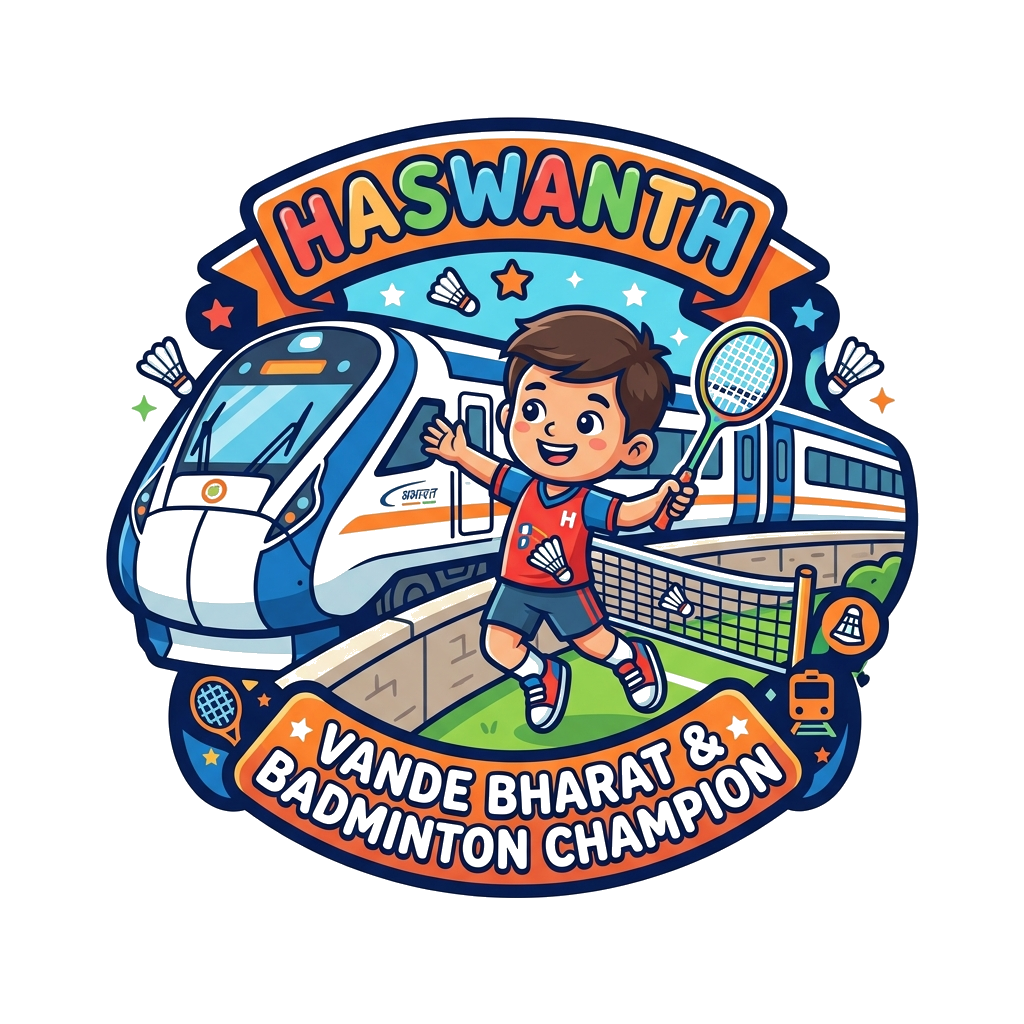 Custom design: Vande bharath train at the background ànd badminton image and Haswanth as main image