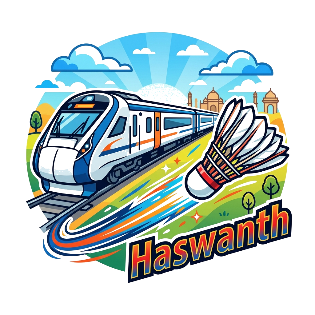Custom design: A dynamic scene featuring a sleek, modern Vande Bharat train speeding through a vibrant, stylized landscape. In the f...