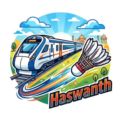 A dynamic scene featuring a sleek, modern Vande Bharat train speeding through a vibrant, stylized landscape. In the foreground, a powerful badminton shuttlecock is mid-flight, leaving a cool, energetic trail. The number '11' is subtly incorporated into the train's design, and 'Haswanth' is written in a bold, athletic font. High-energy, graphic illustration style.