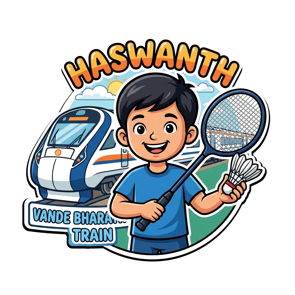 Custom design: Vande bharath train as background and badminton racket and cork and Haswanth as main image