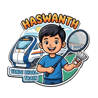 Vande bharath train as background and badminton racket and cork and Haswanth as main image