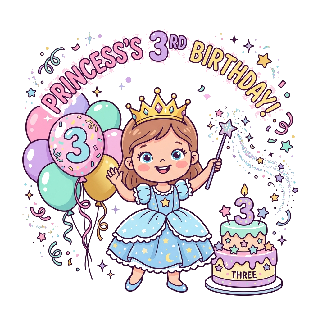 Custom design: A cute cartoon princess celebrating her 3rd birthday, surrounded by magical glitter, balloons, and a small birthday c...