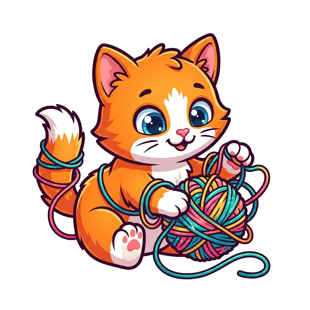 Custom design: A super cute, happy cartoon kitten playing with a ball of yarn, big friendly eyes, vibrant colors, playful style, iso...