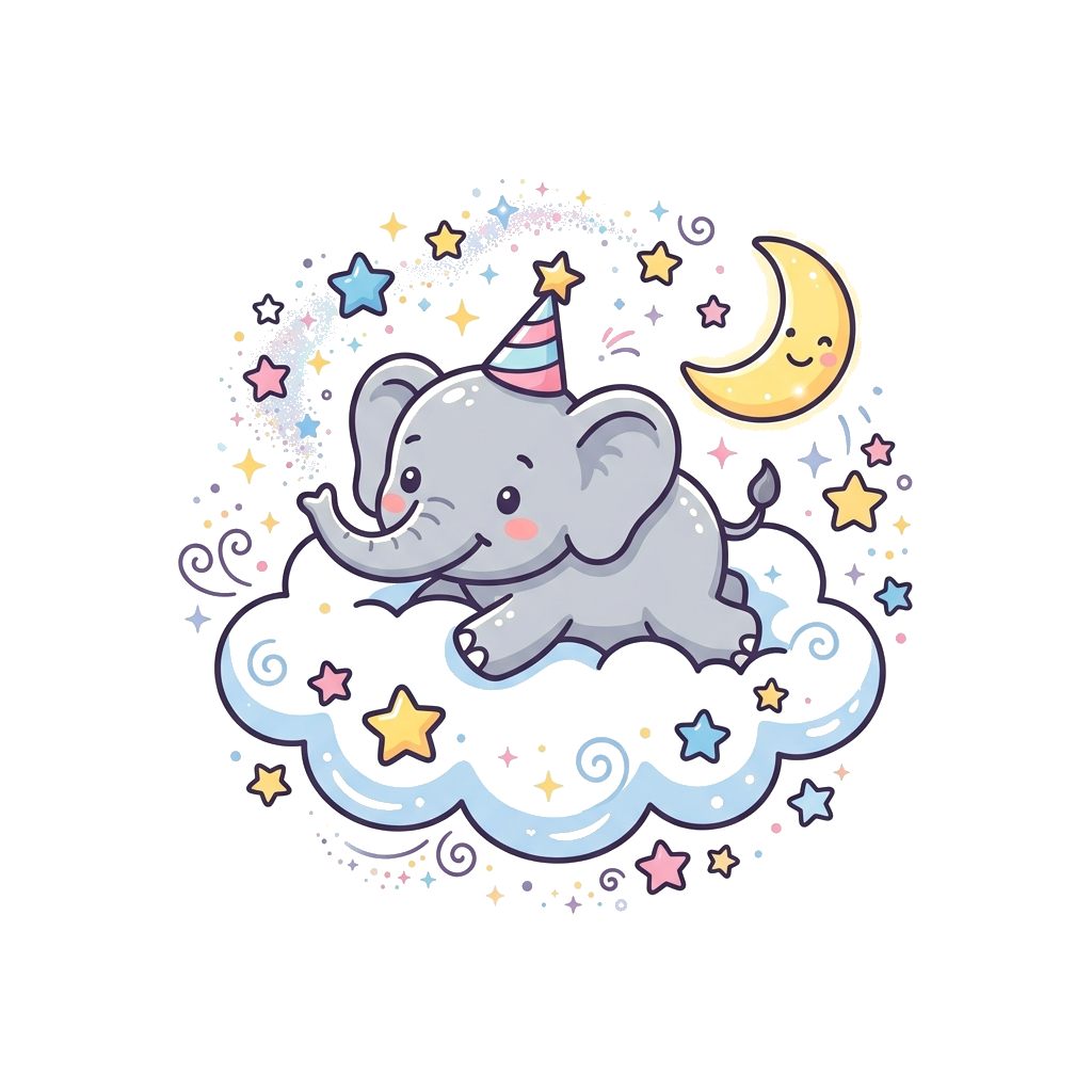 Custom design: A baby elephant floating gently on a cloud among stars and a crescent moon, surrounded by sparkling dust and soft pas...