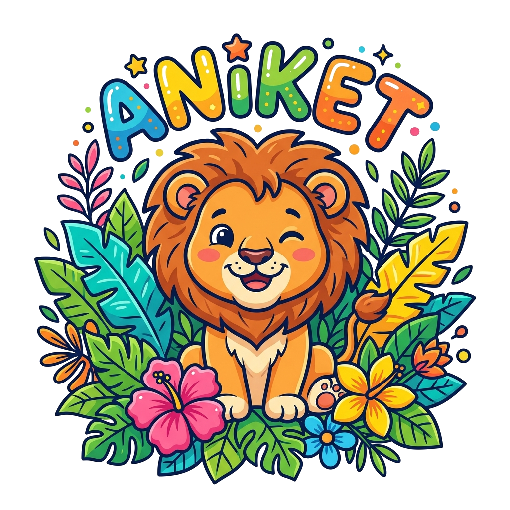 Custom design: A cheerful, cartoon-style baby lion cub with a big smile, surrounded by vibrant jungle leaves and flowers, in a playf...