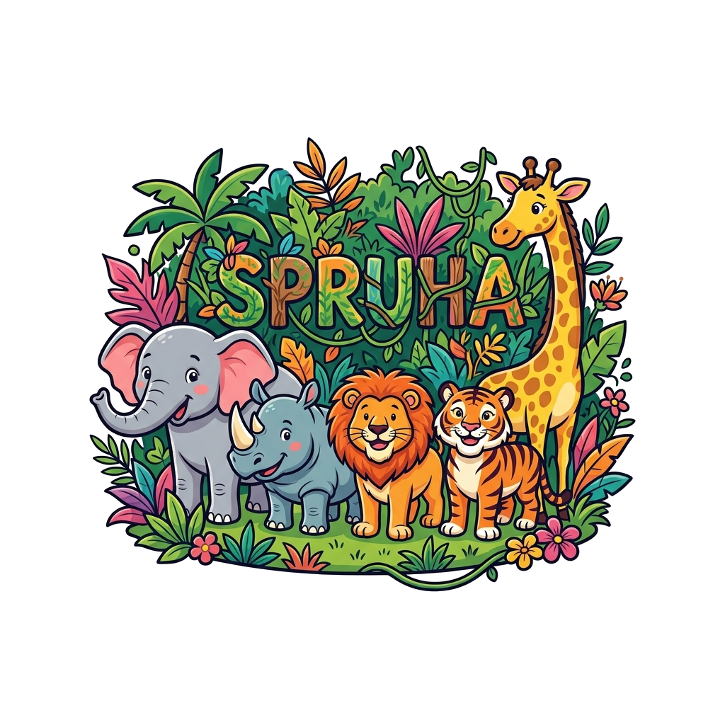 Custom design: A group of friendly, colorful cartoon safari animals (African elephant, rhino, tiger, lion, giraffe) standing togethe...