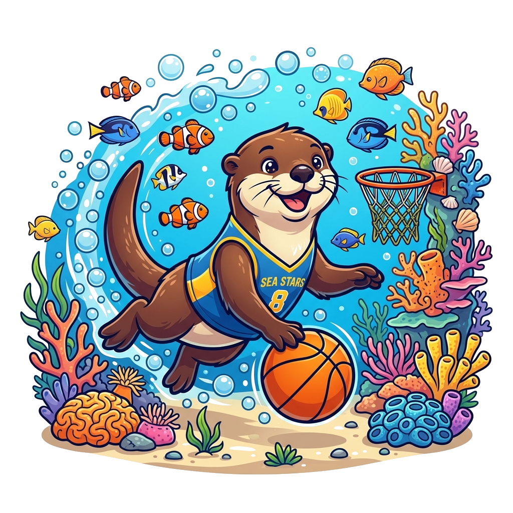 Custom design: A vibrant cartoon illustration of a cheerful otter playing basketball underwater, surrounded by colorful fish, bubble...