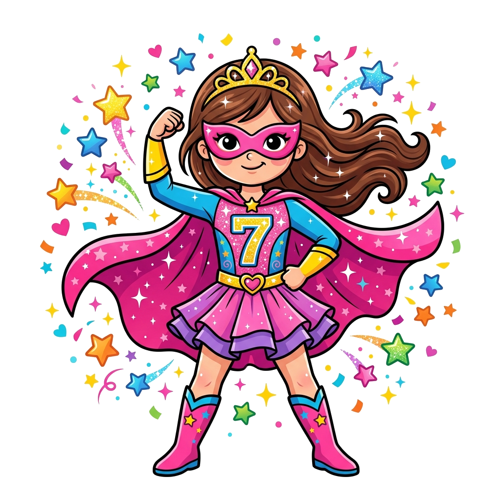 Custom design: A cute cartoon princess wearing a superhero mask and a flowing cape, striking a powerful yet graceful pose, with a sp...